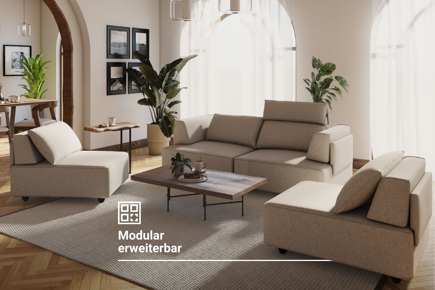 Modulares Sofa Louis 2-Sitzer mit Hocker und Schlaffunktion